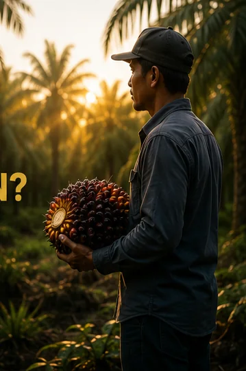 Pekebun di kebun sawit memegang buah sawit